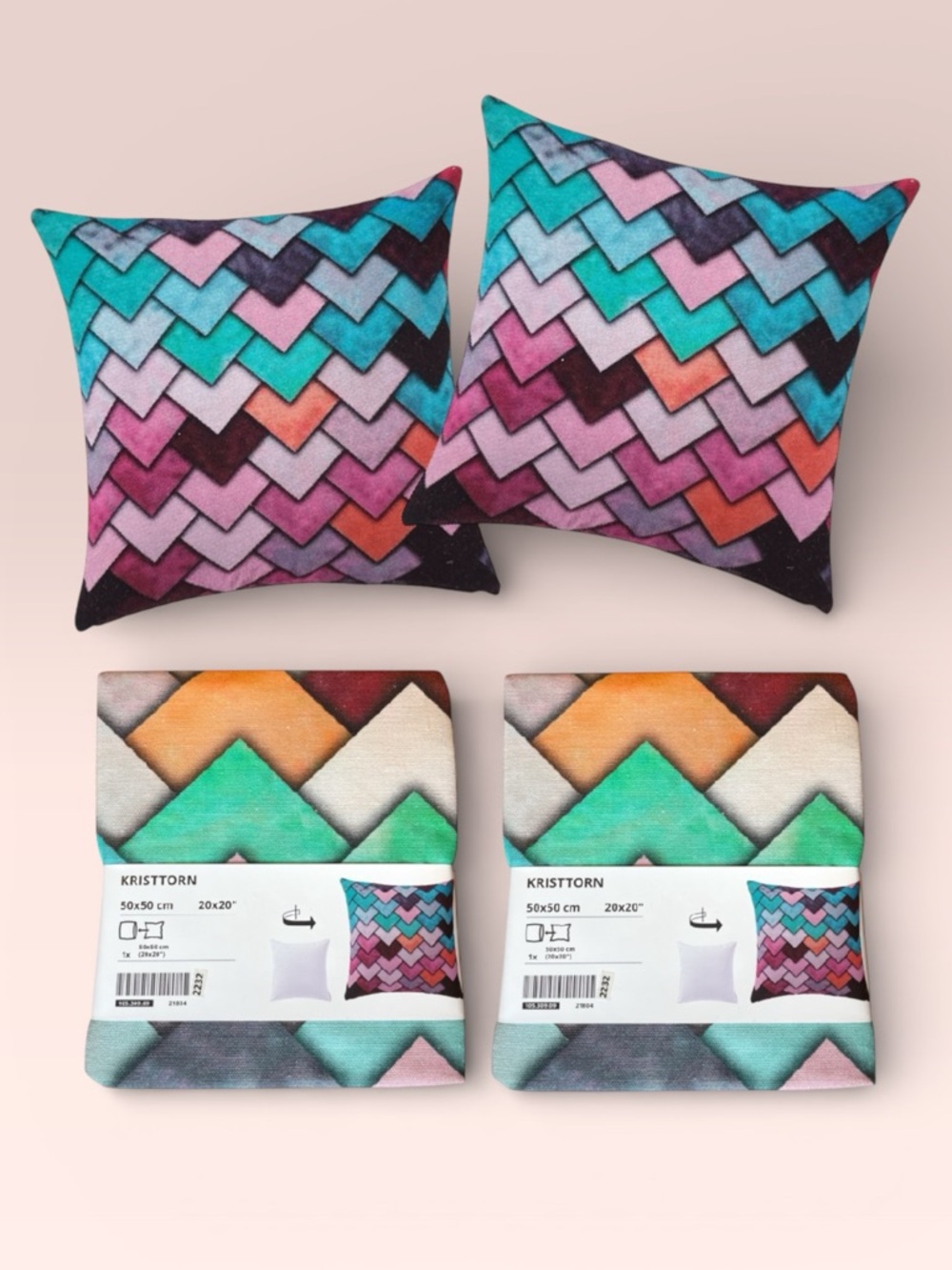 IKEA Kristtorn Pillow Case Geometric Chevron Throw Cover Pink Teal Orange - PAIR